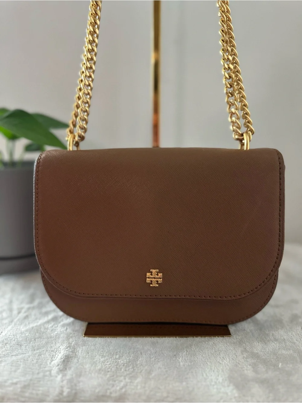 Tory Burch Brown Leather Crossbody with Gold Chain